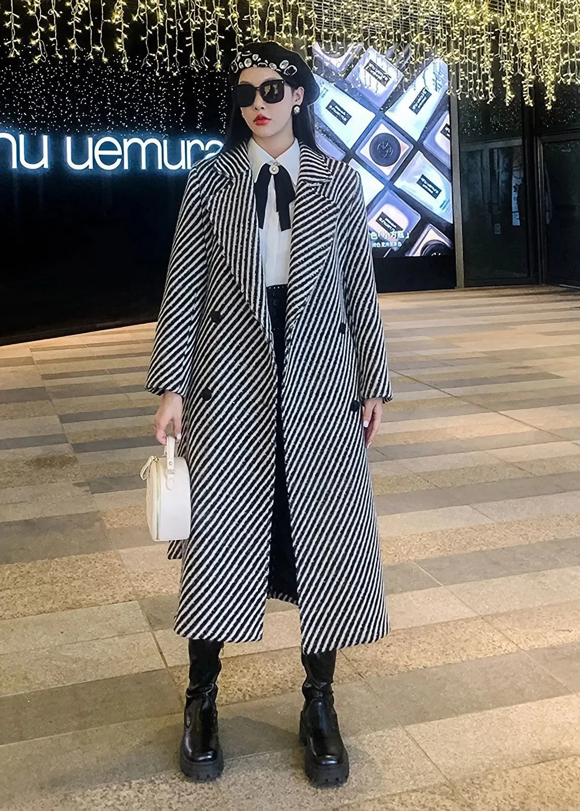 Striped Twill Double Breasted Wool Blend Coat