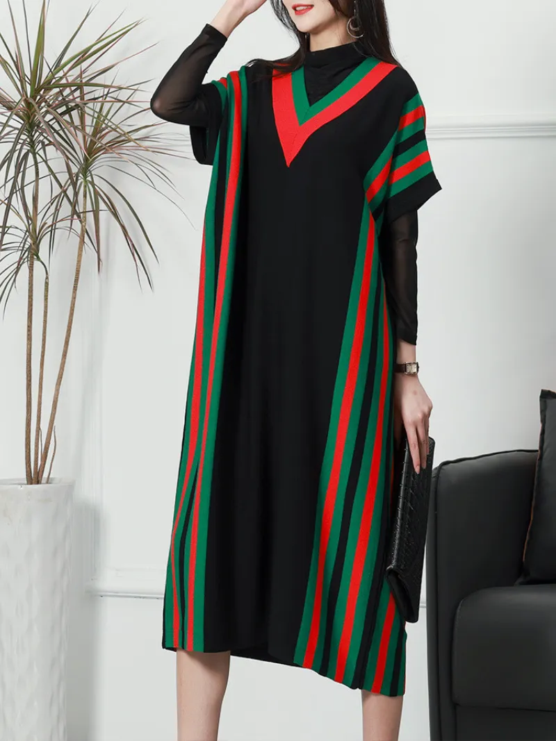 Summer New Stylish Striped Long Bat Sleeve Knitted Midi-Dress