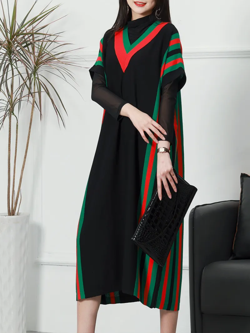 Summer New Stylish Striped Long Bat Sleeve Knitted Midi-Dress