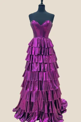 Sweetheart Purple Tiered Metallic Long Dress