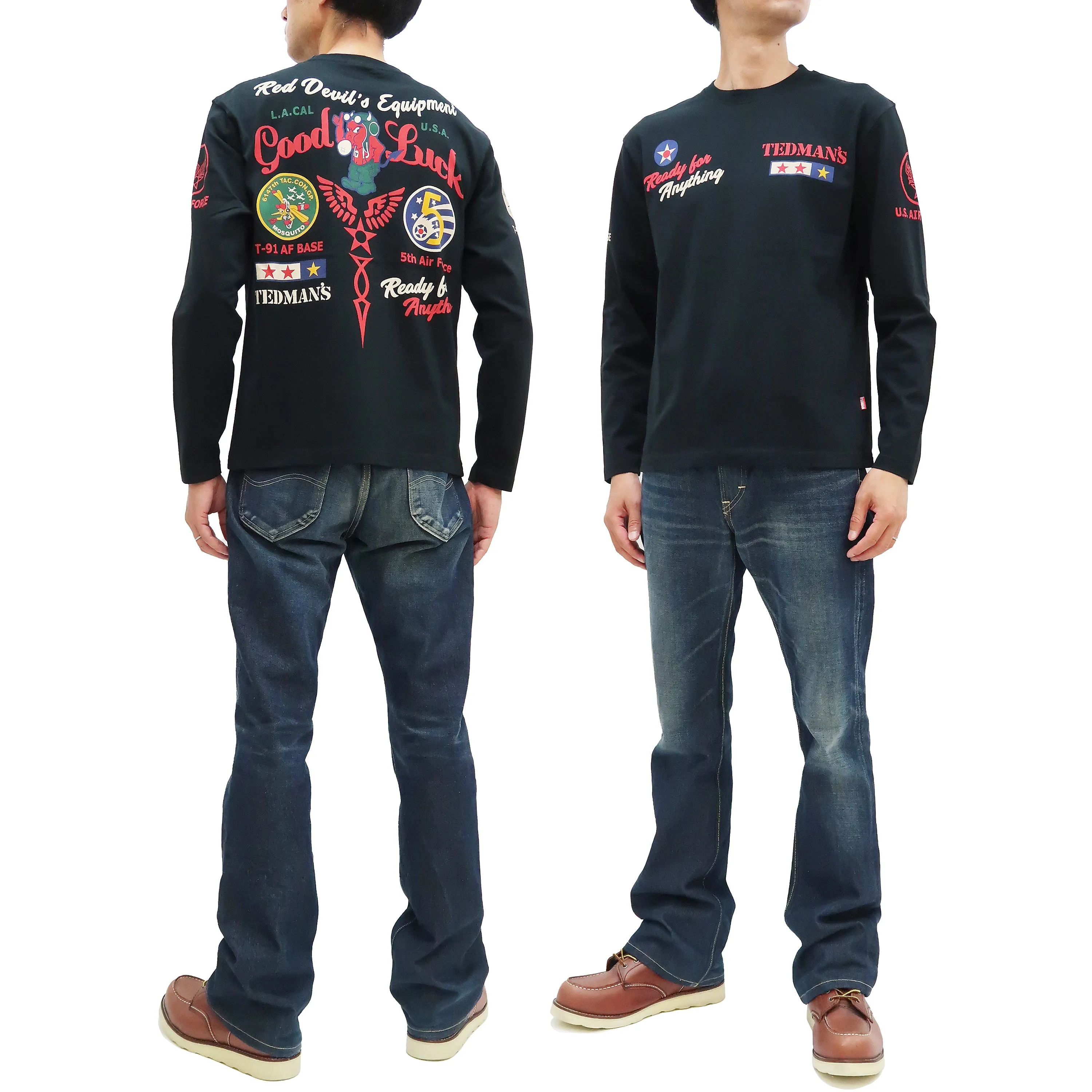 Tedman T-Shirt Men's Lucky Devil Military Graphic Long Sleeve Tee Efu-Shokai TDLS-349 Black