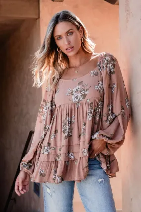 Terracotta Floral Print Pleated Tunic