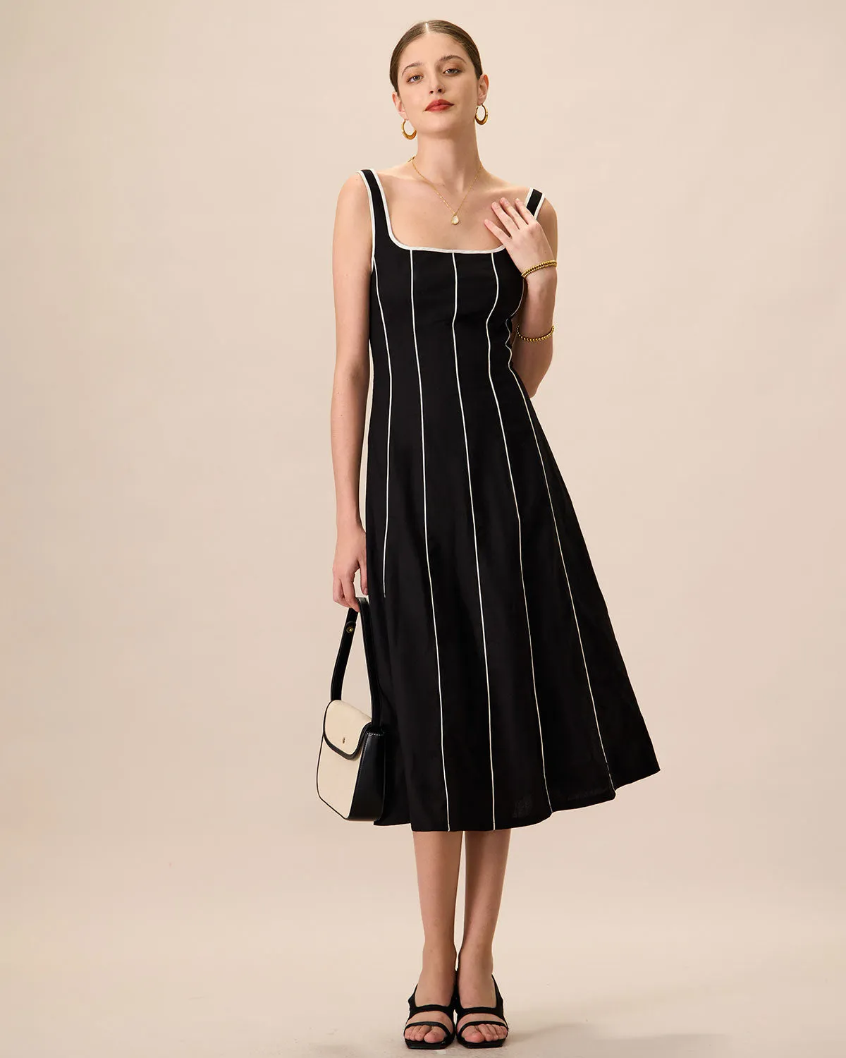 The Black Square Neck Contrast Midi Dress