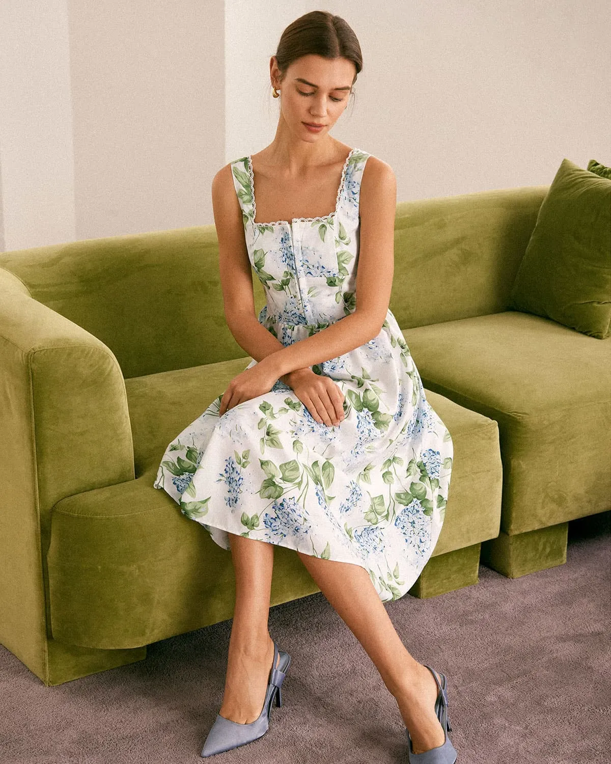 The White Square Neck Floral A-Line Midi Dress