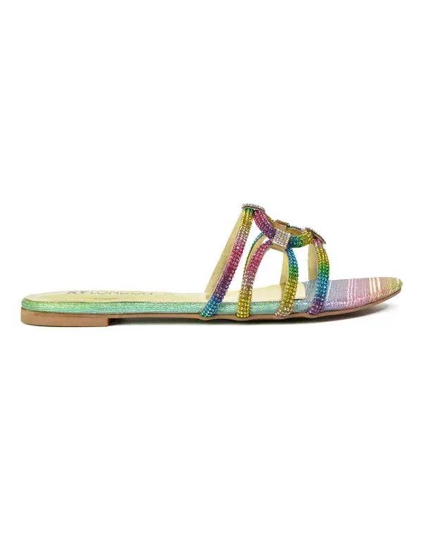 Tiger Slip On Summer Flat Diamante Sandal Statement Sparkly Sliders in Multi