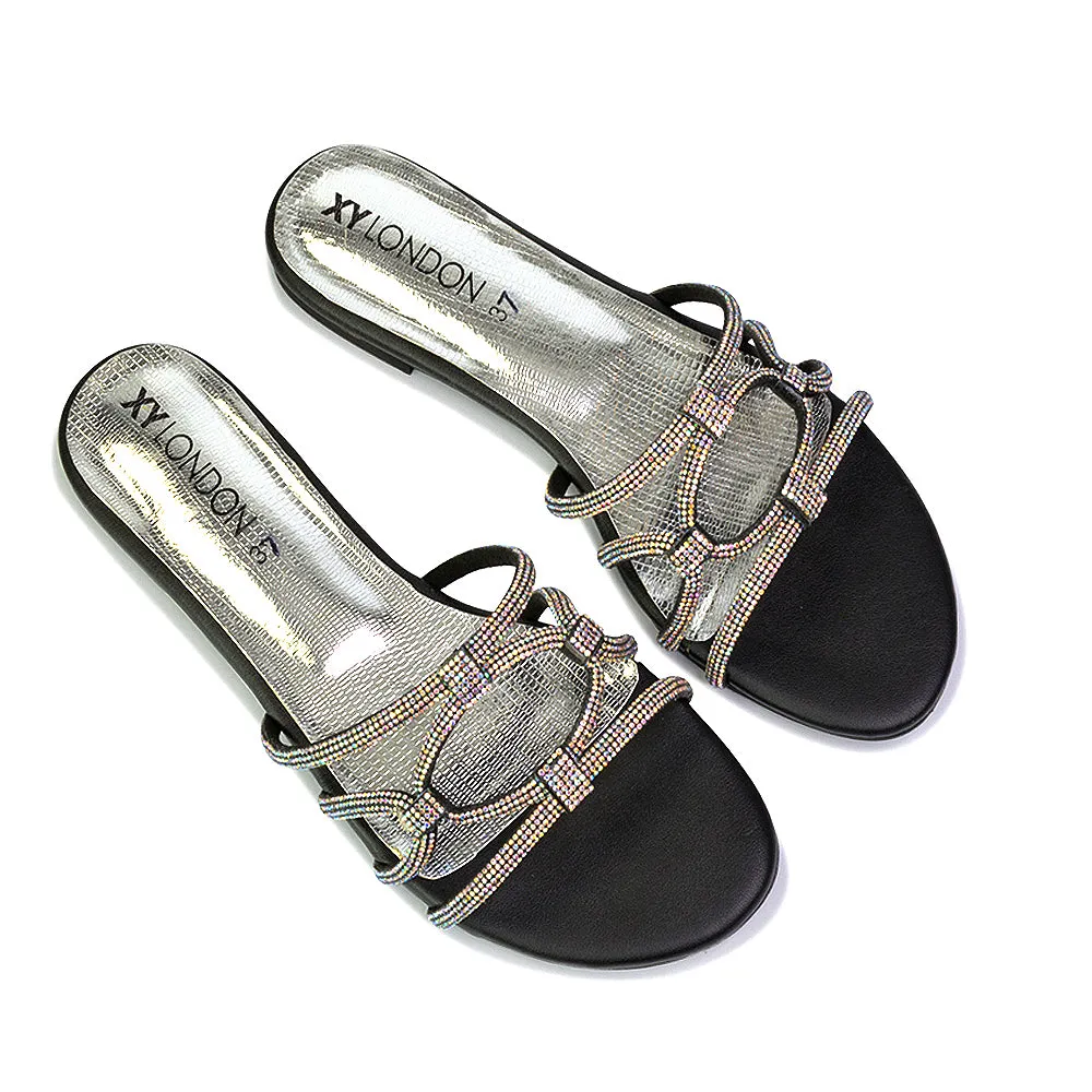 Tiger Slip On Summer Flat Diamante Sandal Statement Sparkly Sliders in Multi