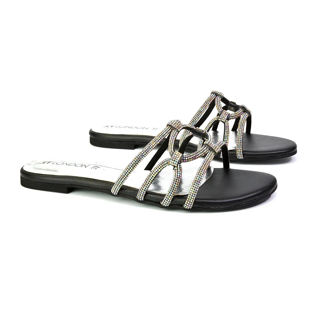 Tiger Slip On Summer Flat Diamante Sandal Statement Sparkly Sliders in Multi