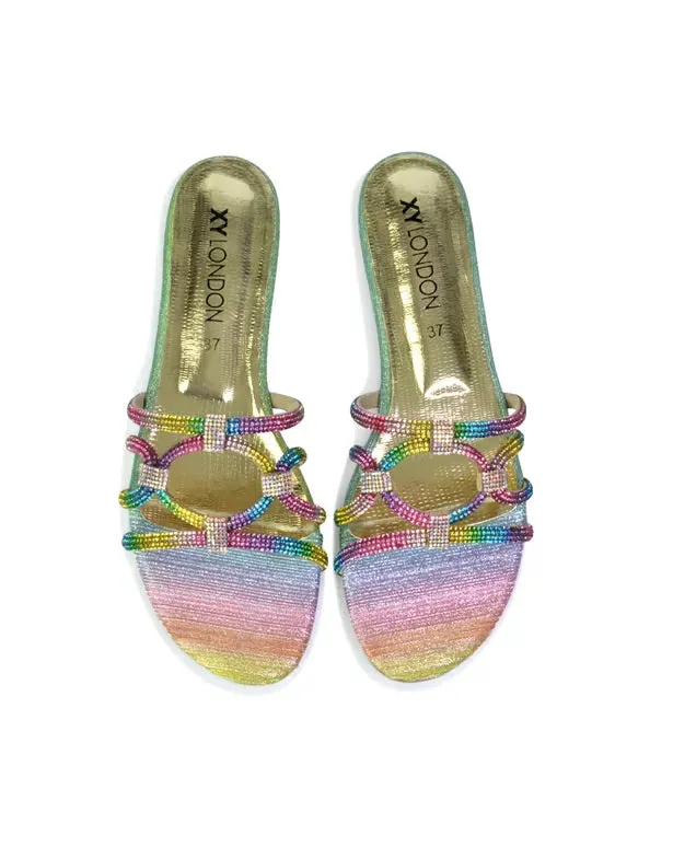 Tiger Slip On Summer Flat Diamante Sandal Statement Sparkly Sliders in Multi