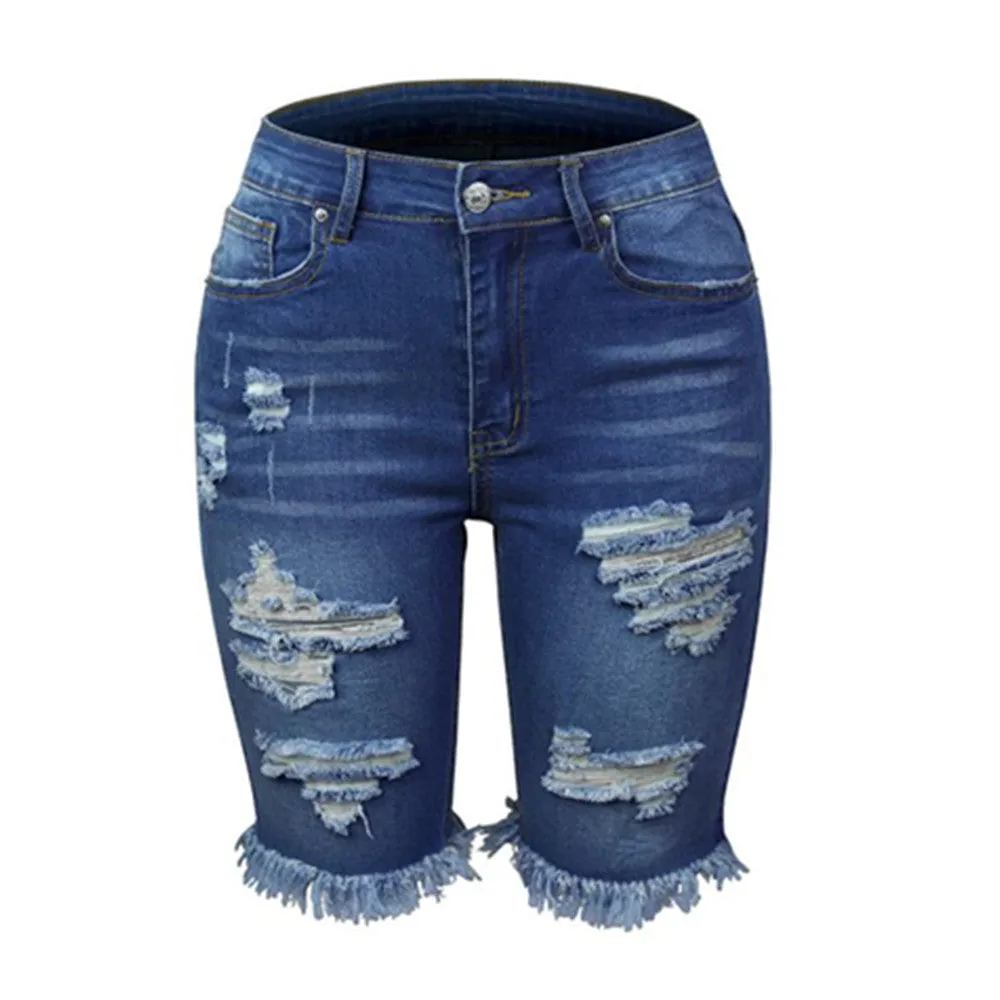 Trendy High Stretch Mid-Shaped Ripped Jean Shorts