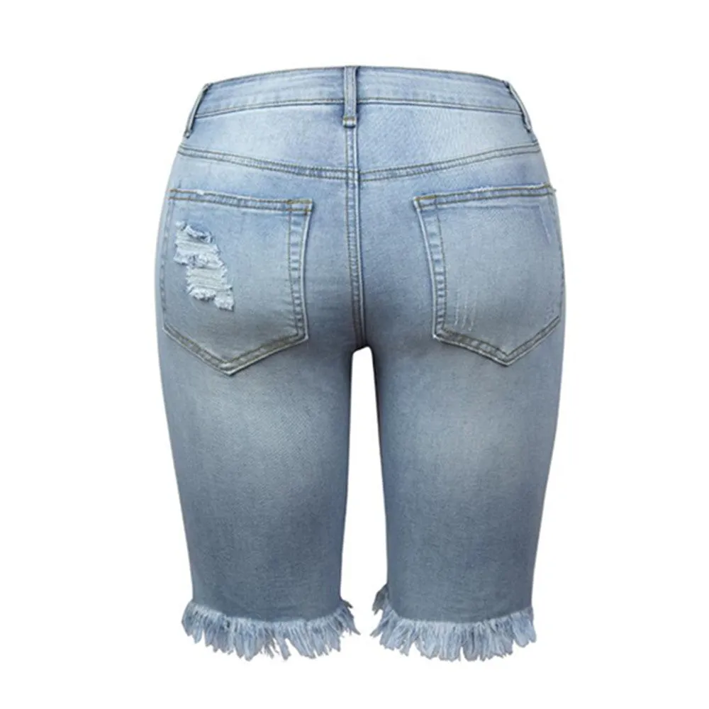 Trendy High Stretch Mid-Shaped Ripped Jean Shorts