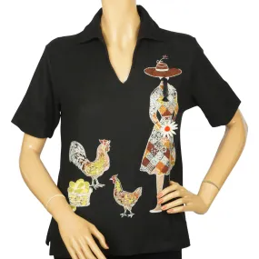 Vintage 1960s Novelty Top Funsters by Darwyn Girl w Chickens Ladies Polo Shirt M