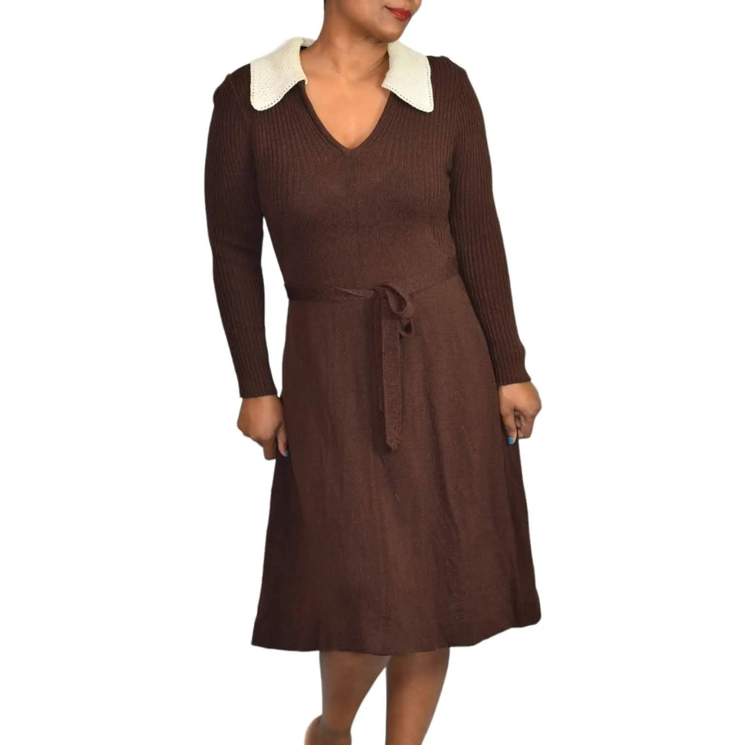 Vintage Ribbed Knit Dress 70s Brown Belted Stretch Contrast Collar Size Medium