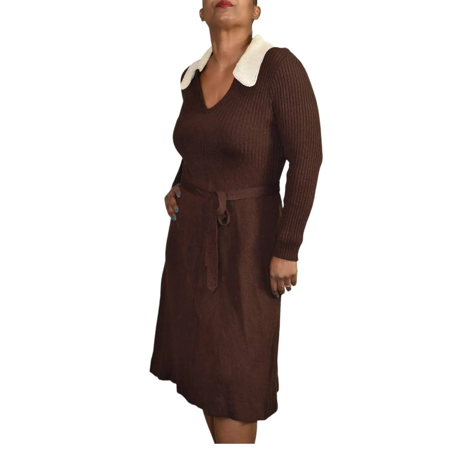 Vintage Ribbed Knit Dress 70s Brown Belted Stretch Contrast Collar Size Medium