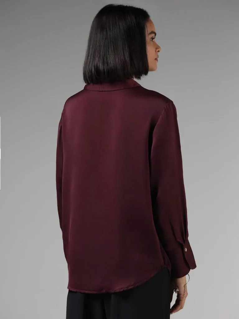 Wardrobe Solid Maroon Satin Shirt