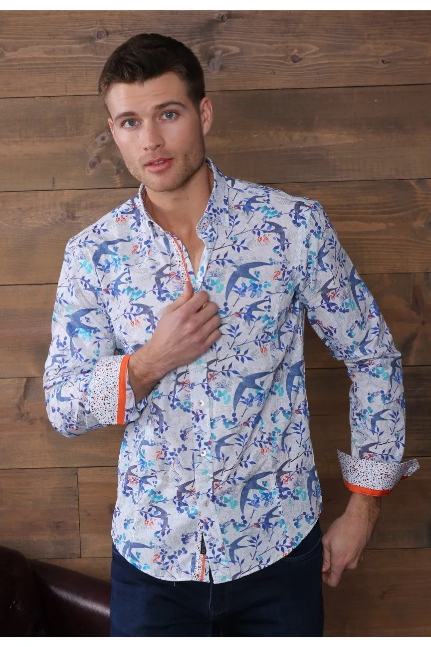 White Button Down Flying Bird Shirt W/ Dot Trim