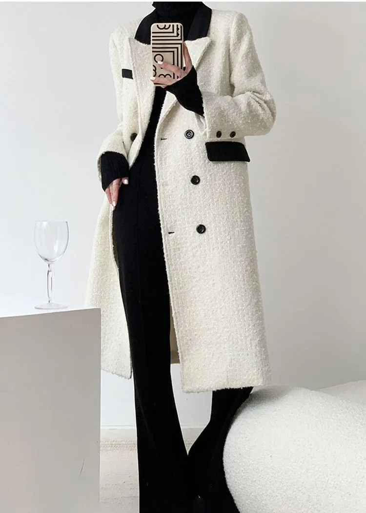 White Double Breasted Wool Blend Tweed Long Coat