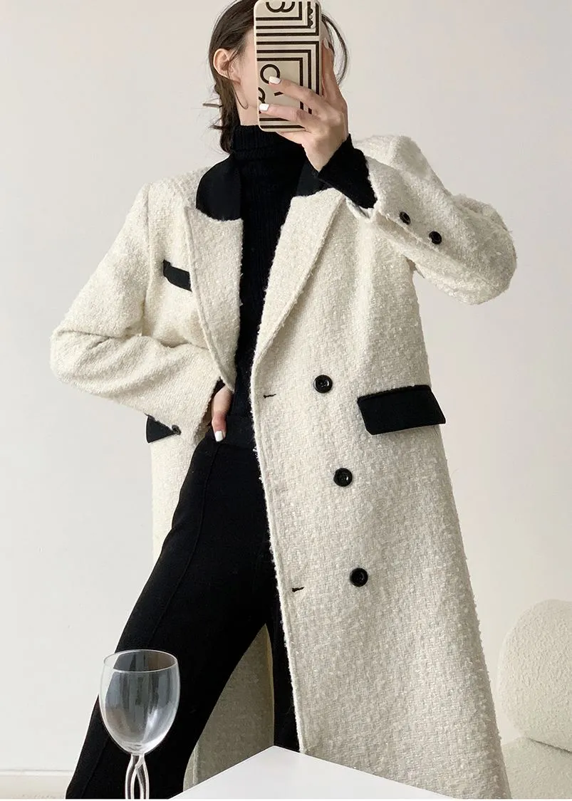 White Double Breasted Wool Blend Tweed Long Coat