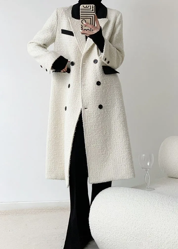 White Double Breasted Wool Blend Tweed Long Coat