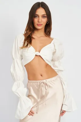 White Long Sleeve Crop Top Women's Sexy Balloon Sleeves Shirt 100% Cotton Premium Luxury KESLEY