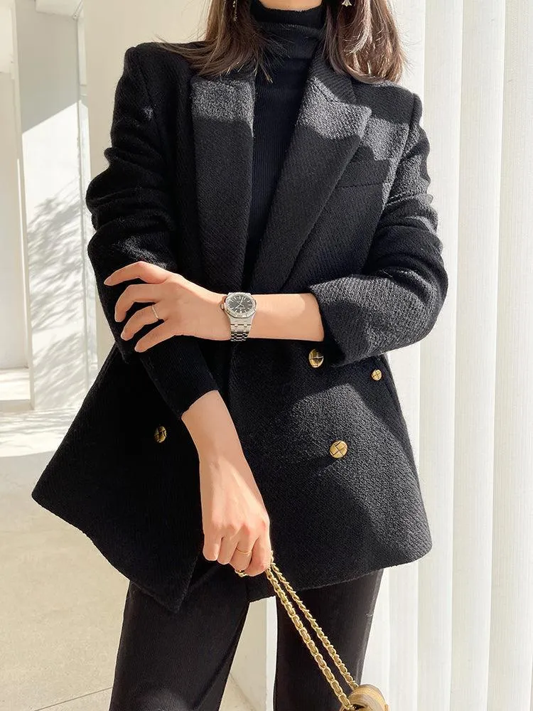 White Thicken Wool Blazer Coat,Double Breasted Wool Coat,Black Wool Suit Coat