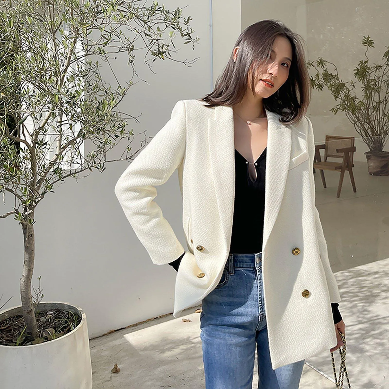 White Thicken Wool Blazer Coat,Double Breasted Wool Coat,Black Wool Suit Coat