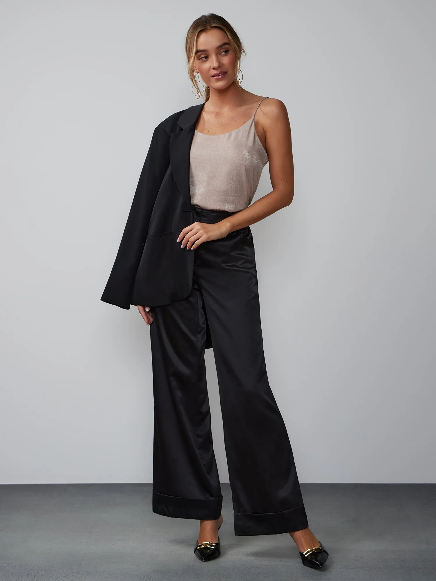 Wide Leg Cuffed Satin Pant