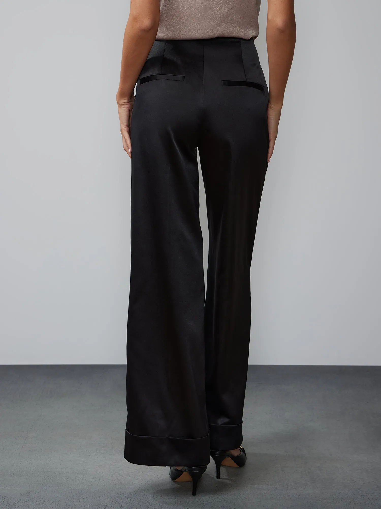 Wide Leg Cuffed Satin Pant