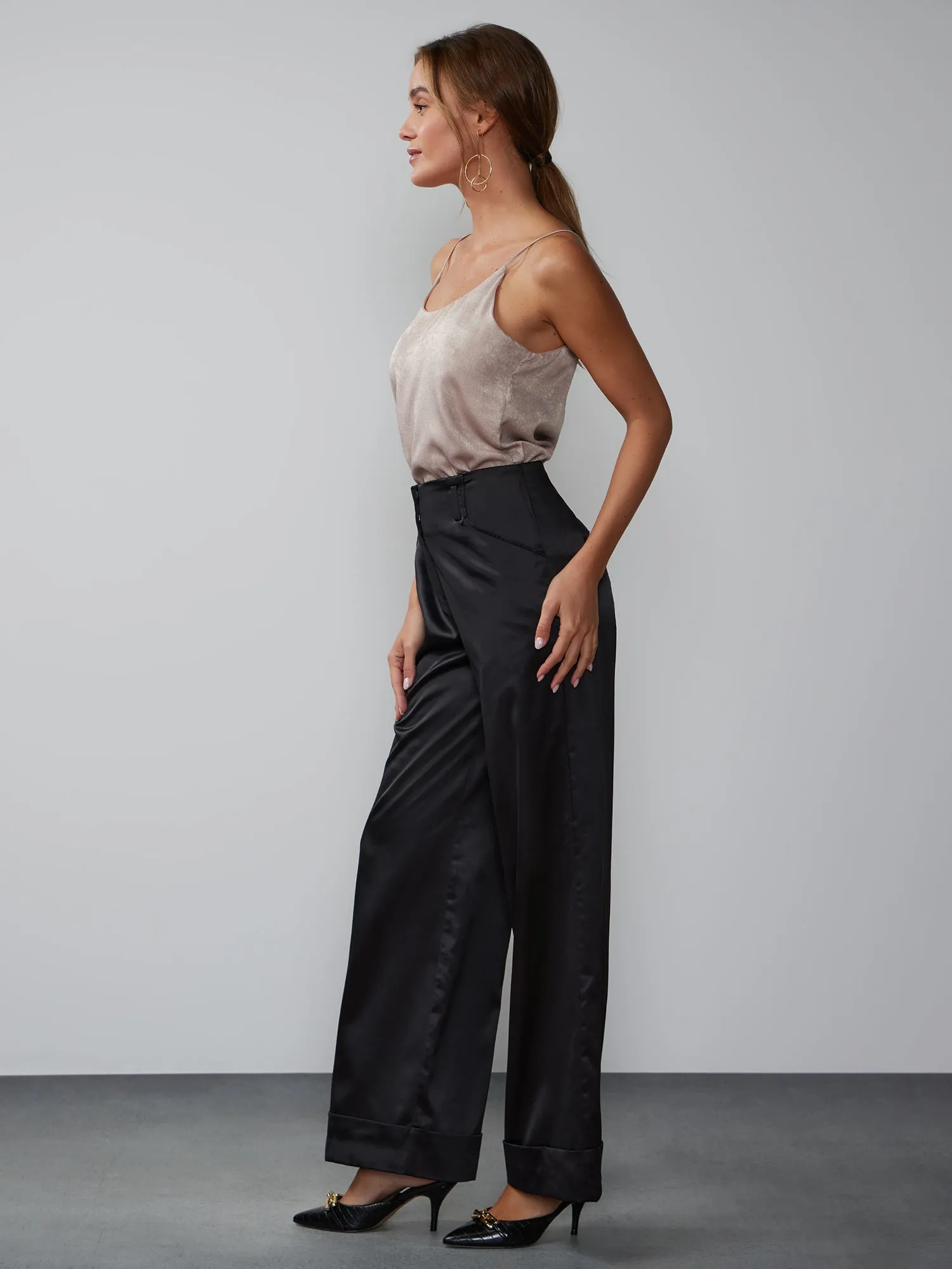 Wide Leg Cuffed Satin Pant