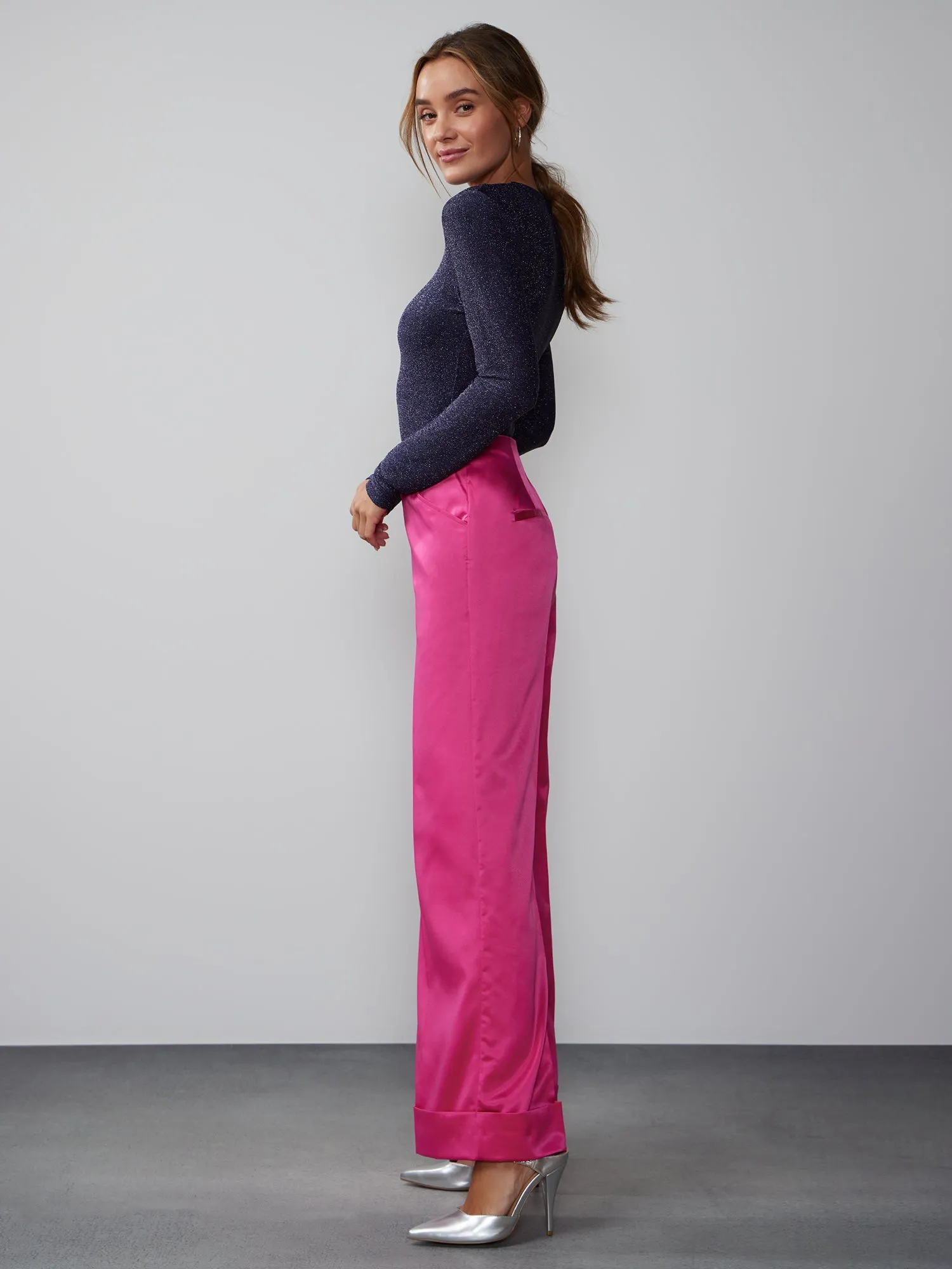 Wide Leg Cuffed Satin Pant