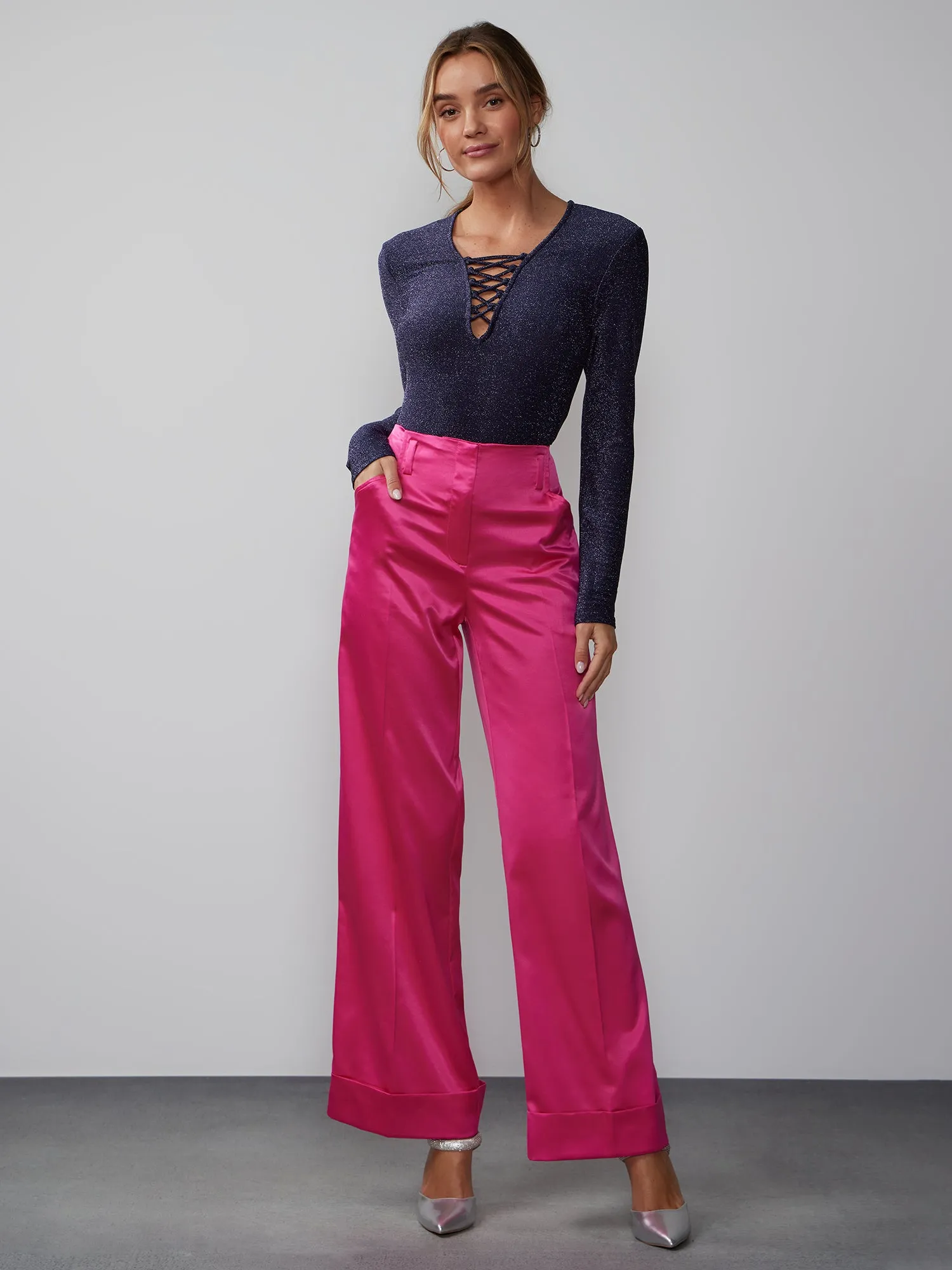 Wide Leg Cuffed Satin Pant