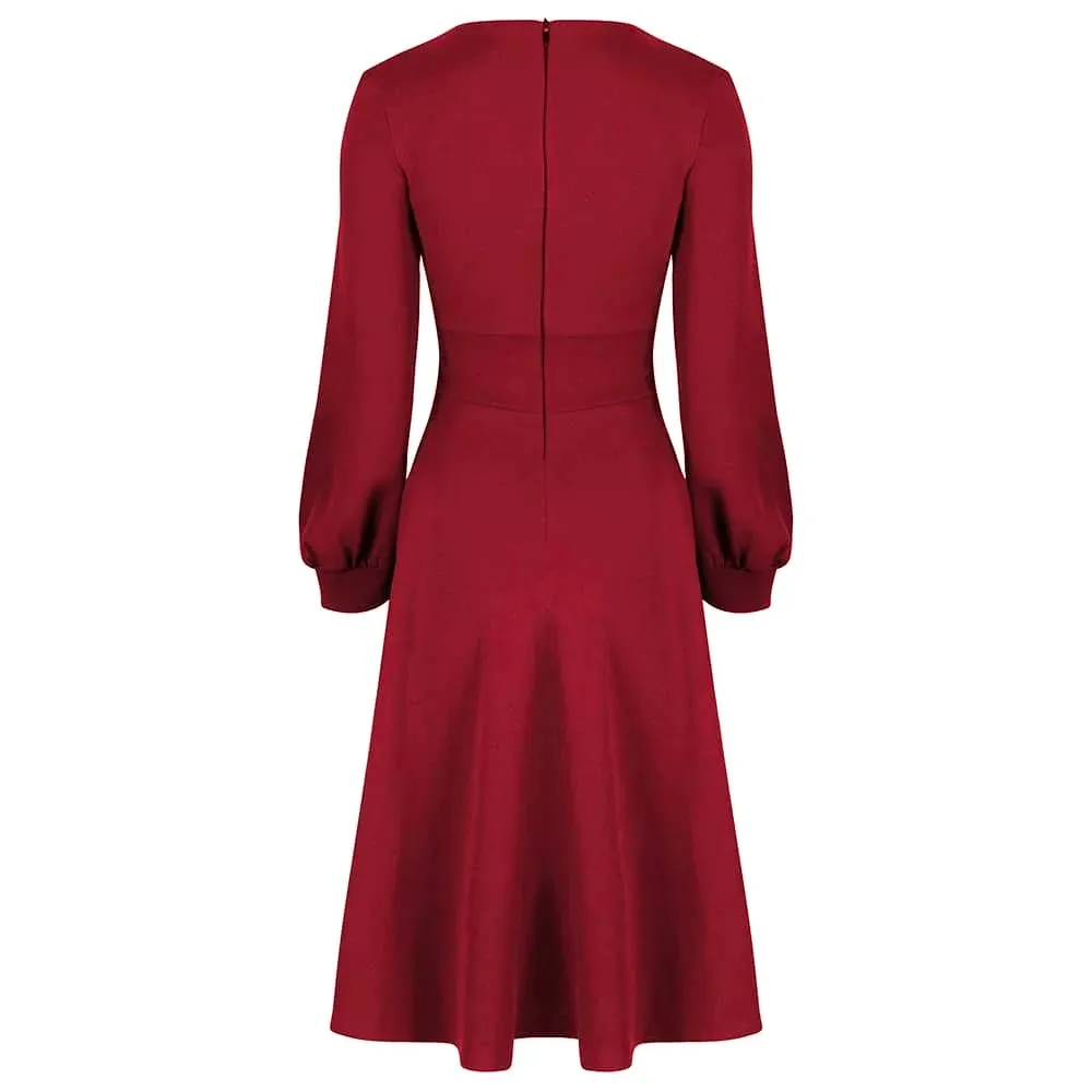 Wine Red Long Sleeve A Line Vintage Crossover Tea Swing Dress