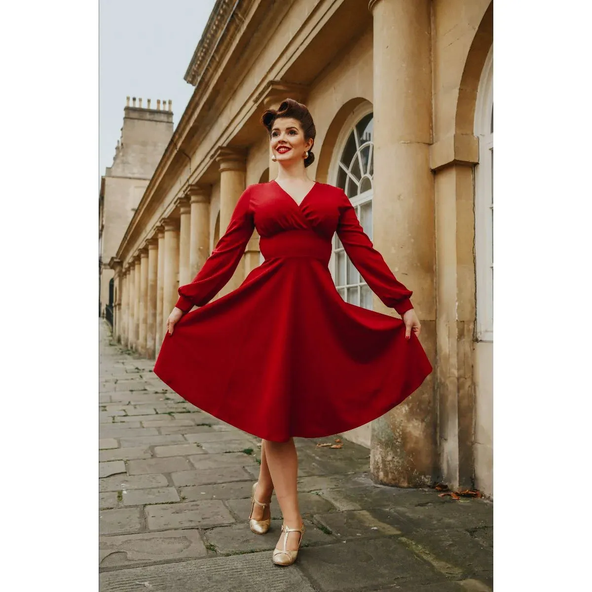 Wine Red Long Sleeve A Line Vintage Crossover Tea Swing Dress