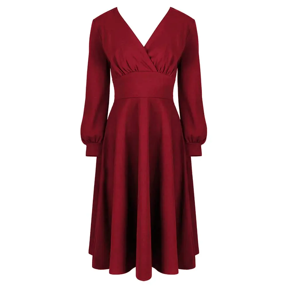 Wine Red Long Sleeve A Line Vintage Crossover Tea Swing Dress