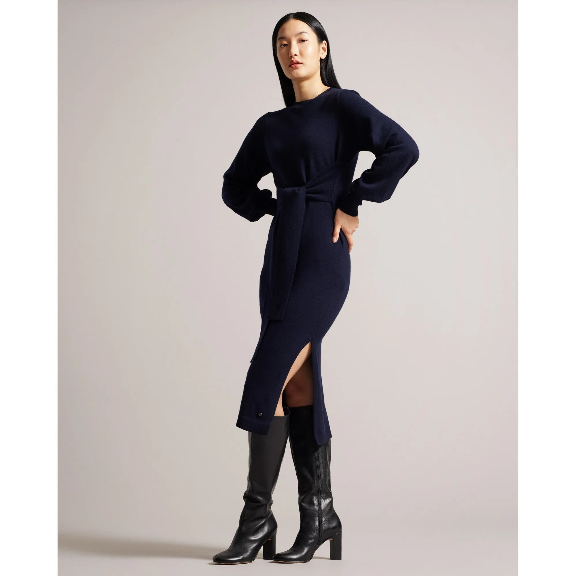 Women Wmd-Essya-Slouchy Tie Front Midi Knit Dress - Dk-Blue