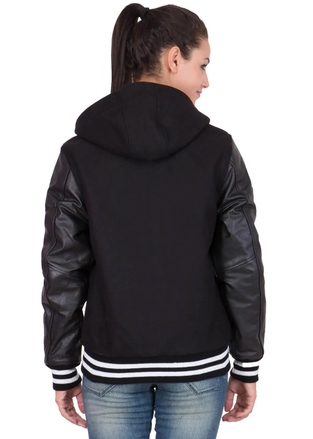 Womens Black Hood Varsity Jacket With Leather Sleeves