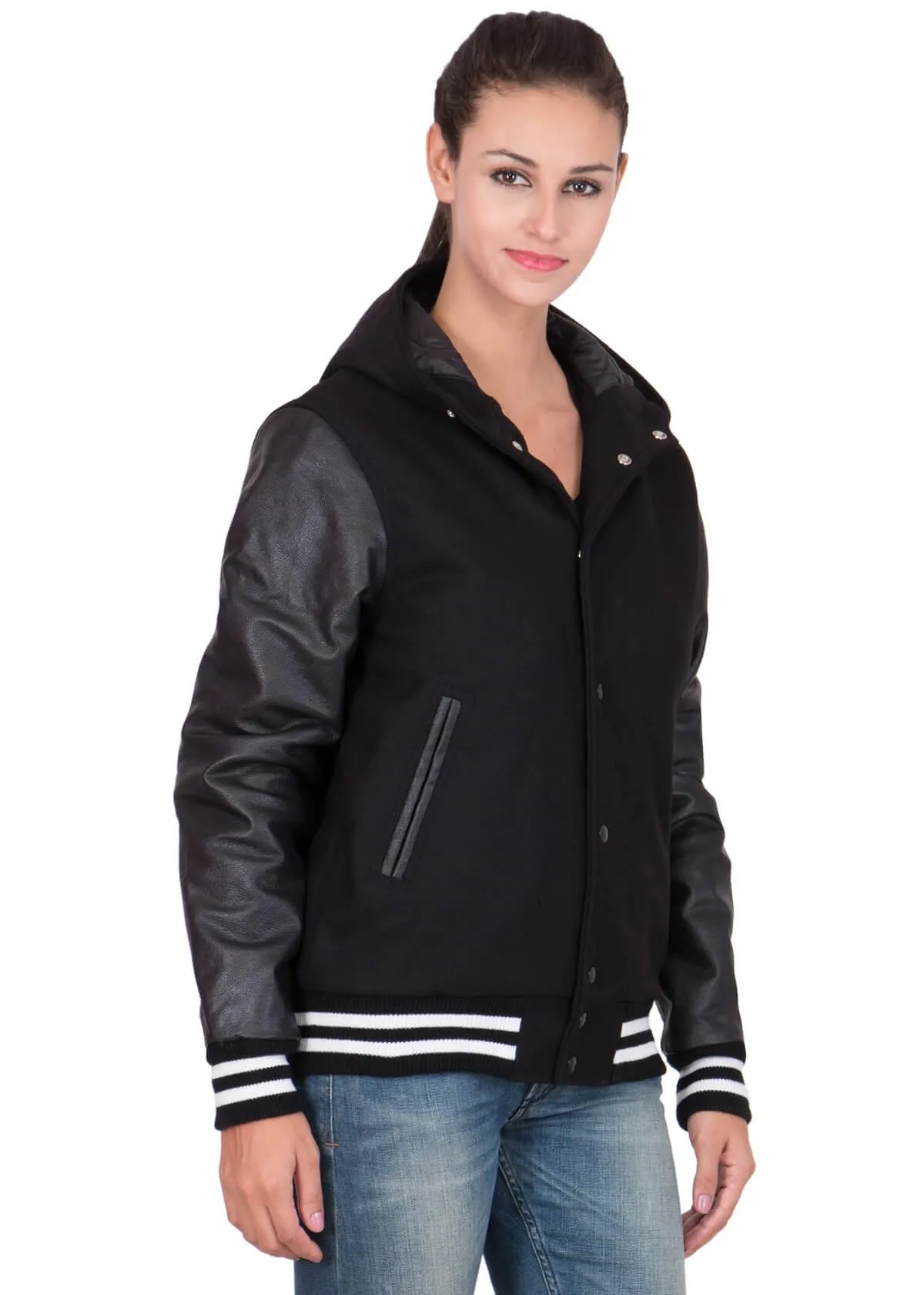 Womens Black Hood Varsity Jacket With Leather Sleeves