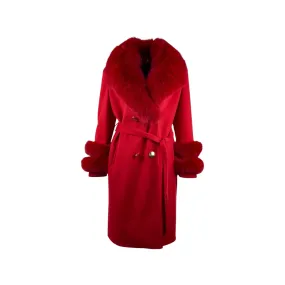 Women's RED Wool Coat with detachable Fox Collar and Cuffs  Trimmed Hood Style # K-10