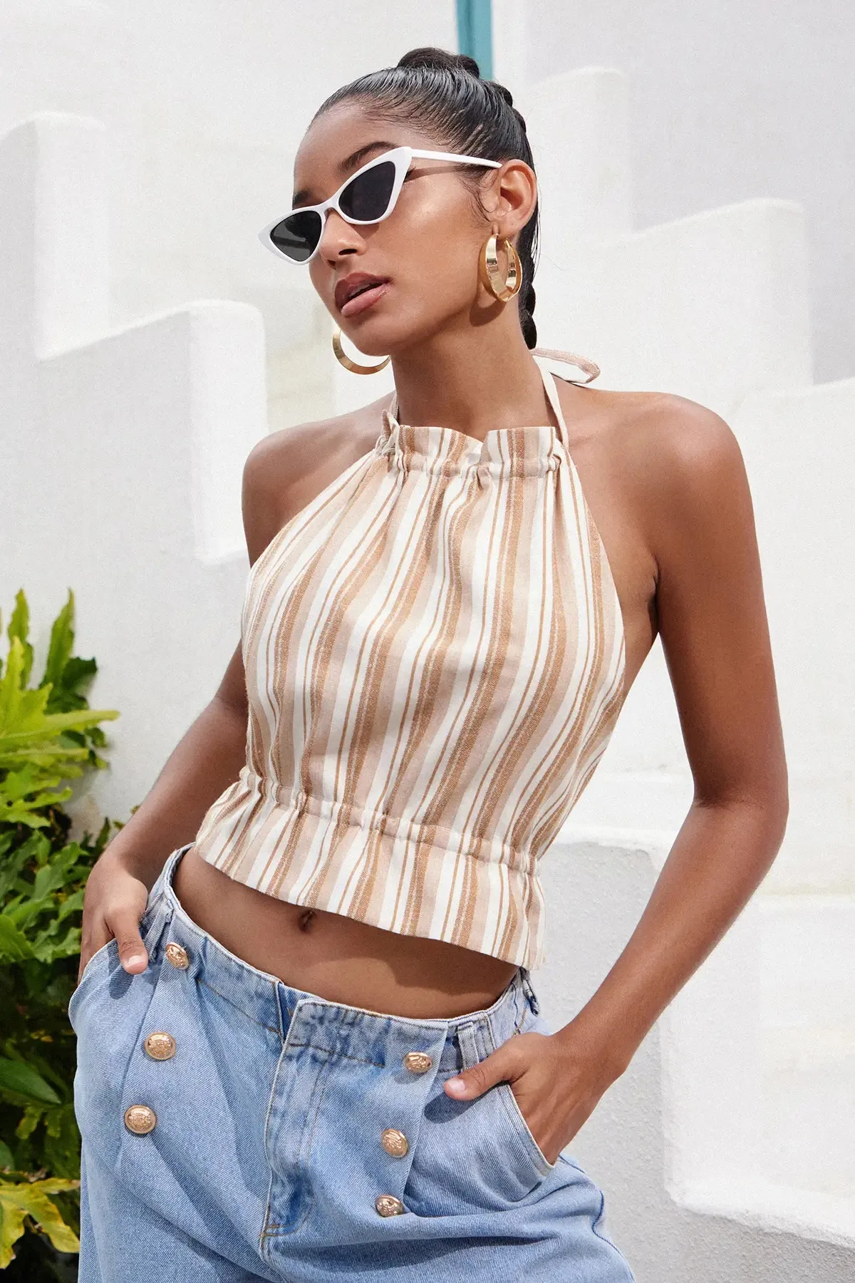 Women's Striped Frill Tie Back Crop Top