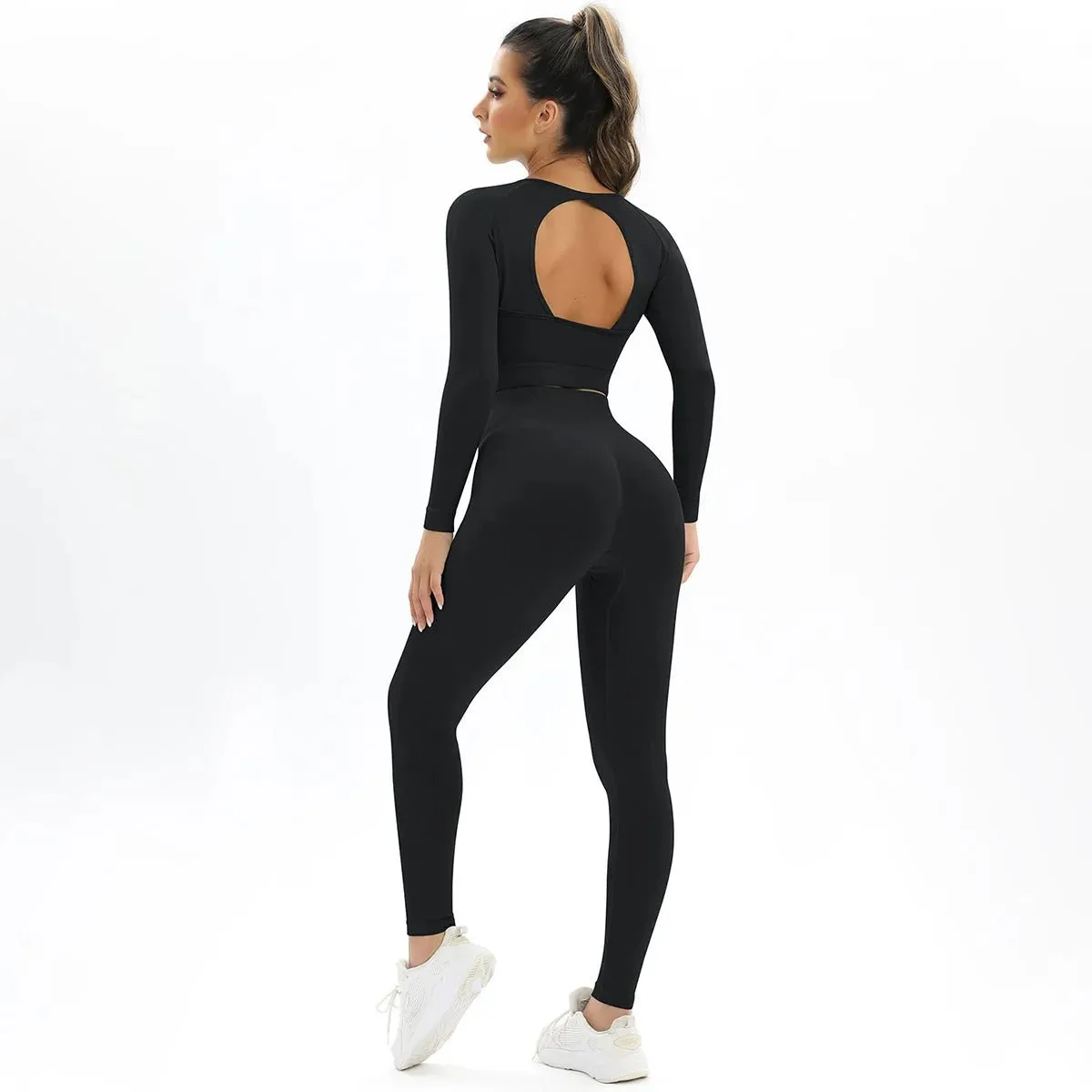 Women's Workout 2 Piece Outfits Seamless High Waist Yoga Leggings Running Sports Long sleeve Crop Top gym fitness sets