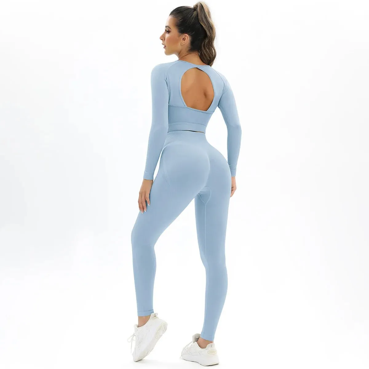 Women's Workout 2 Piece Outfits Seamless High Waist Yoga Leggings Running Sports Long sleeve Crop Top gym fitness sets