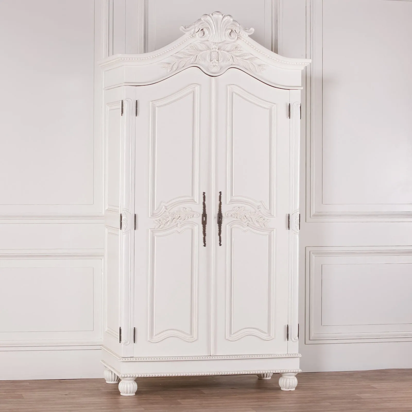 Wooden Carved French Chateau White Double Armoire