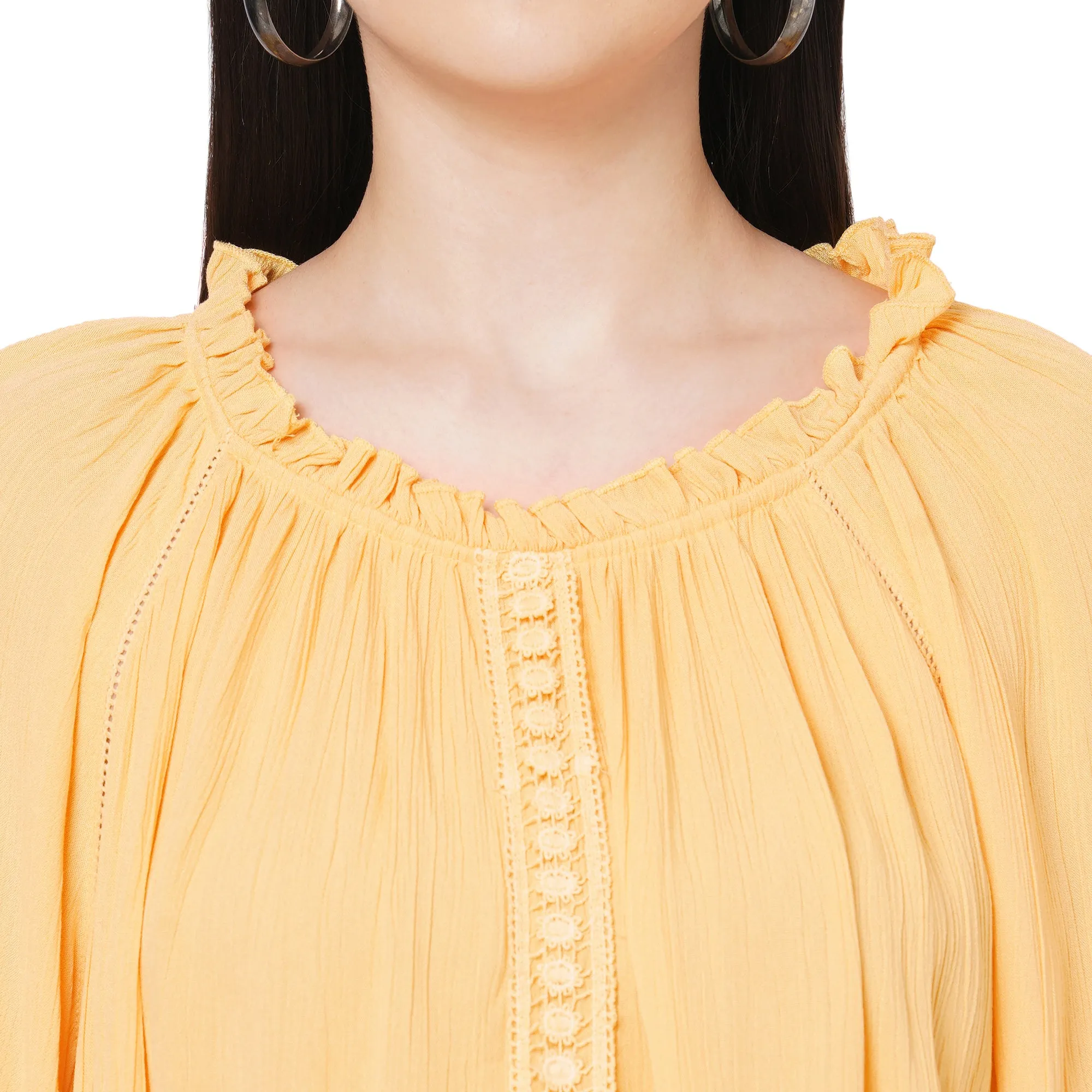 Yellow Round Neck With Ruffle Detailing Top For Women