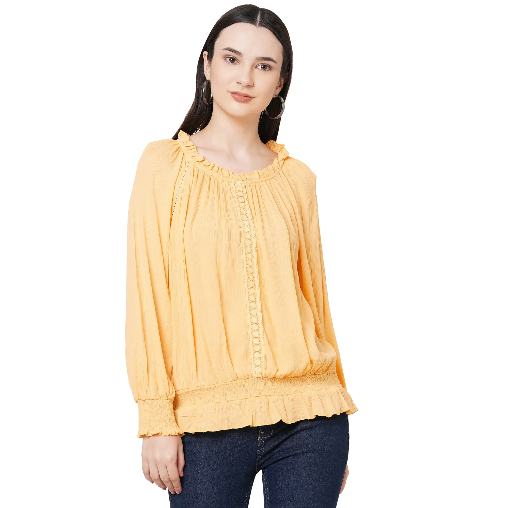 Yellow Round Neck With Ruffle Detailing Top For Women