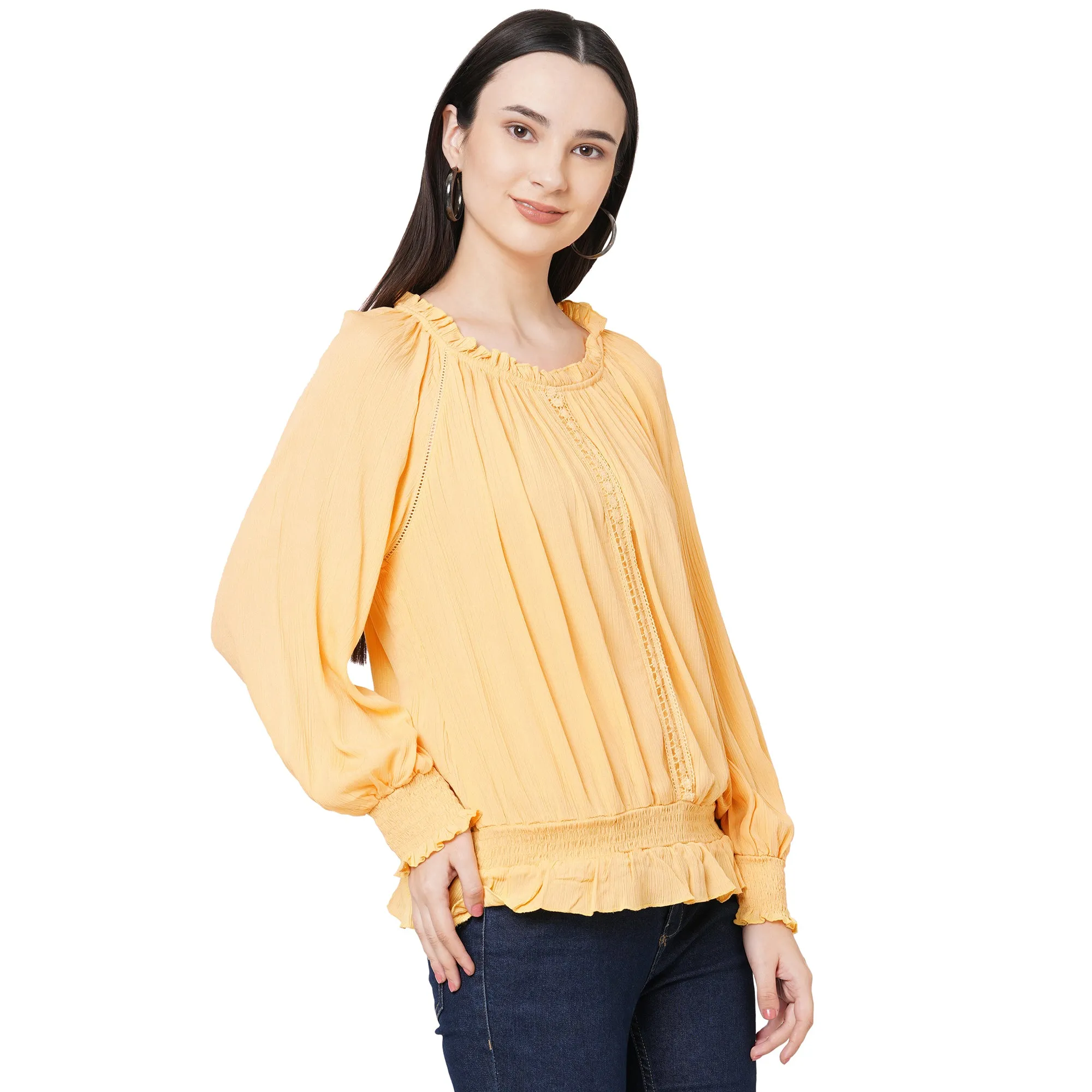 Yellow Round Neck With Ruffle Detailing Top For Women