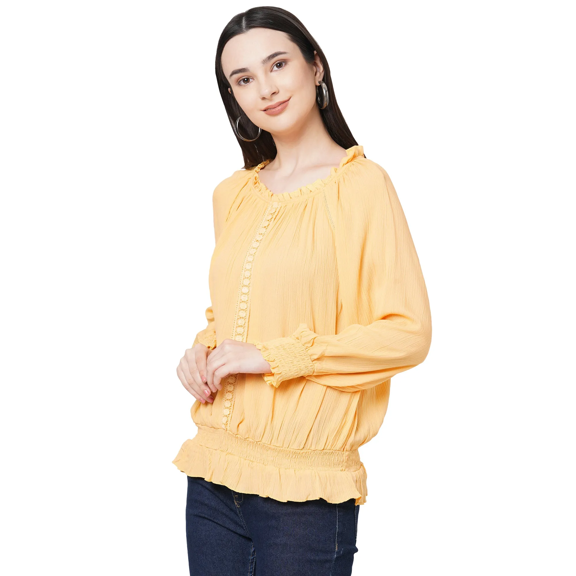 Yellow Round Neck With Ruffle Detailing Top For Women