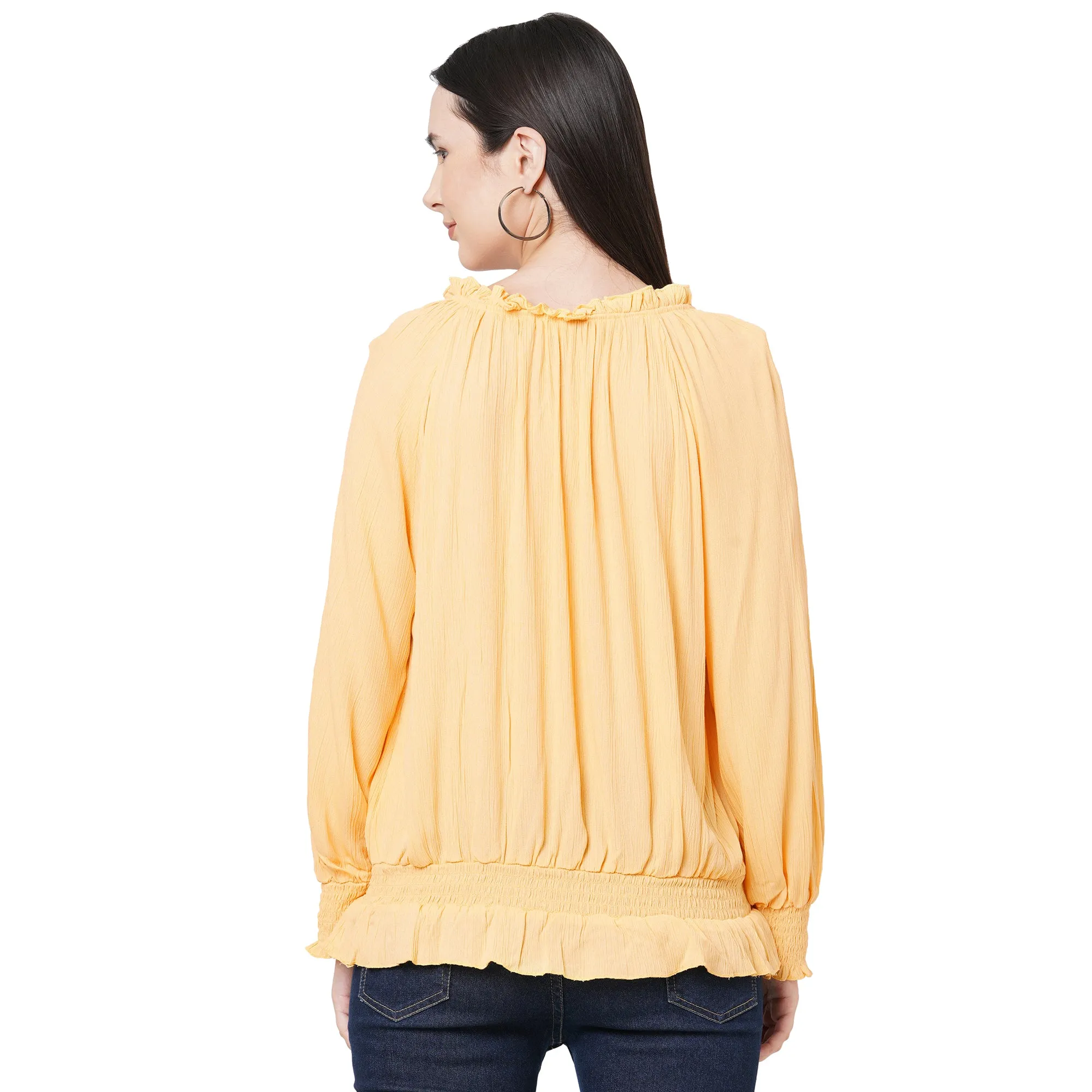 Yellow Round Neck With Ruffle Detailing Top For Women